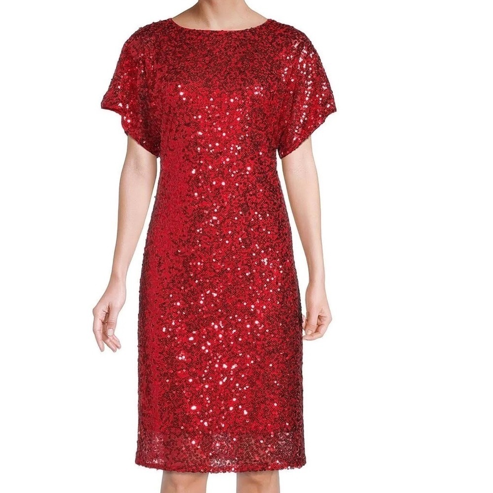 Reba Red Short Dolman Sleeve Sequin Party Dress Size 6